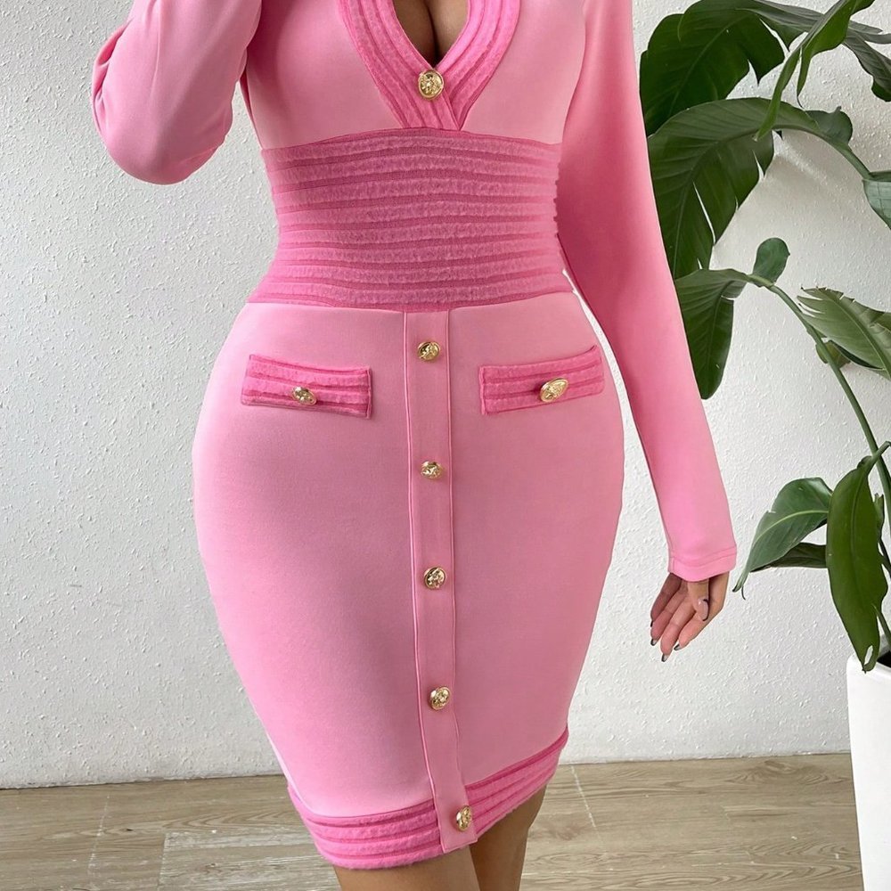 Pink Preppy womens Cut Out Button Detail Bodycon Dress - Picture 3 of 5